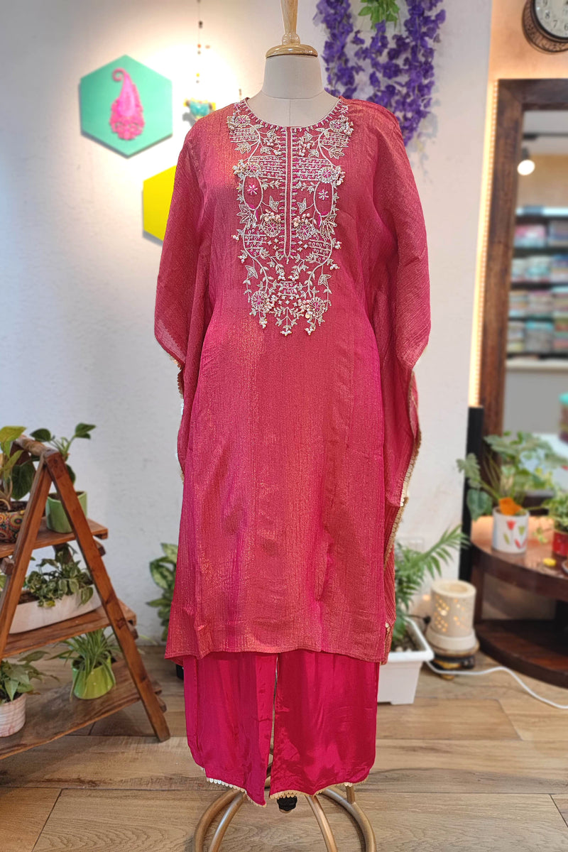 Rani Pink Kaftan-Style Suit in Crushed Tissue Georgette