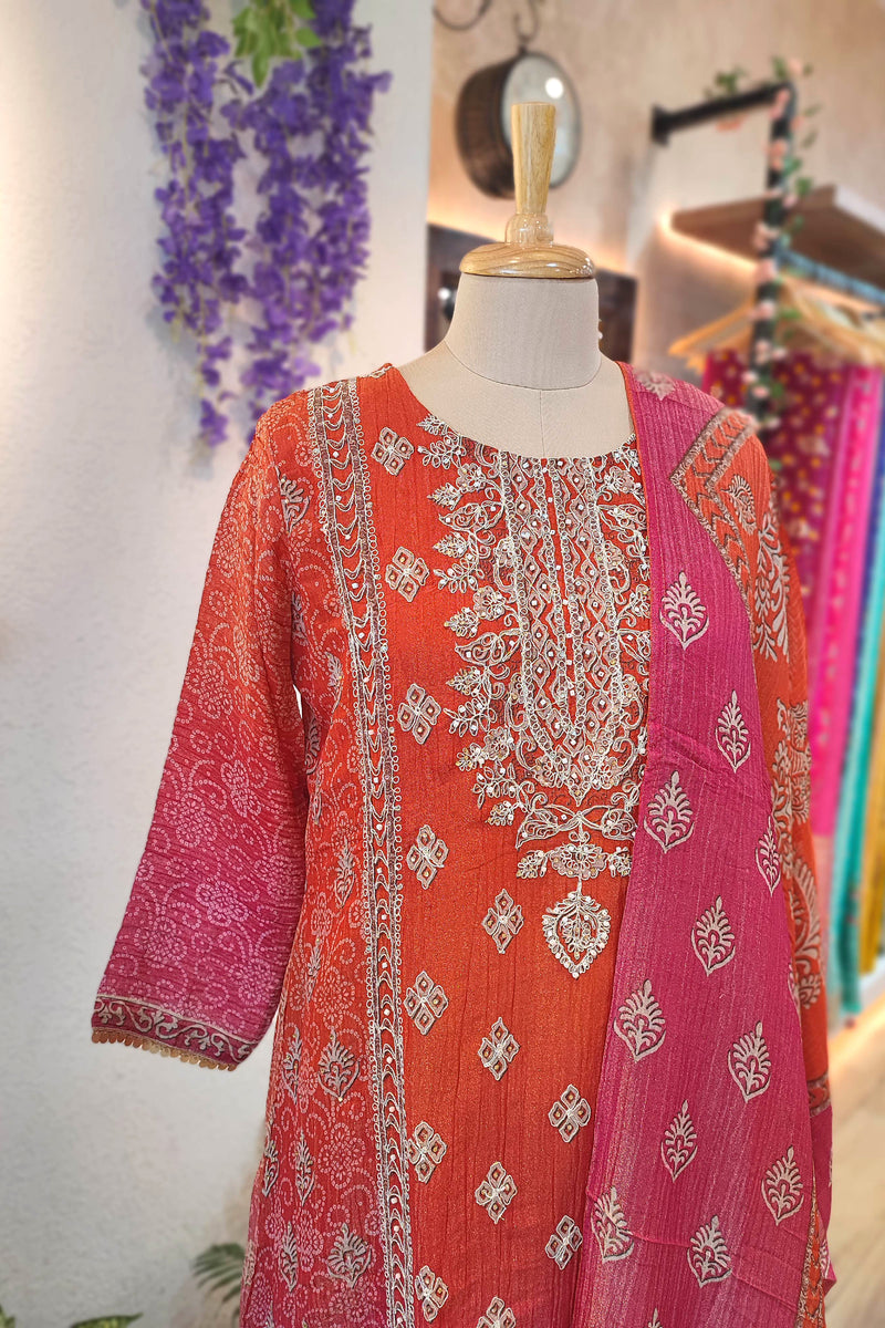 Orange-Pink Georgette Embroidered Suit with Dupatta – Shop Now