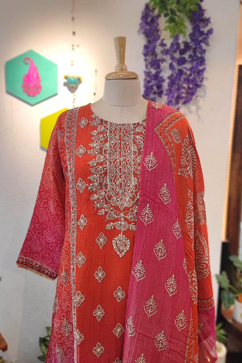 Orange-Pink Georgette Embroidered Suit with Dupatta – Shop Now