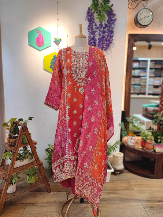 Orange-Pink Georgette Embroidered Suit with Dupatta – Shop Now