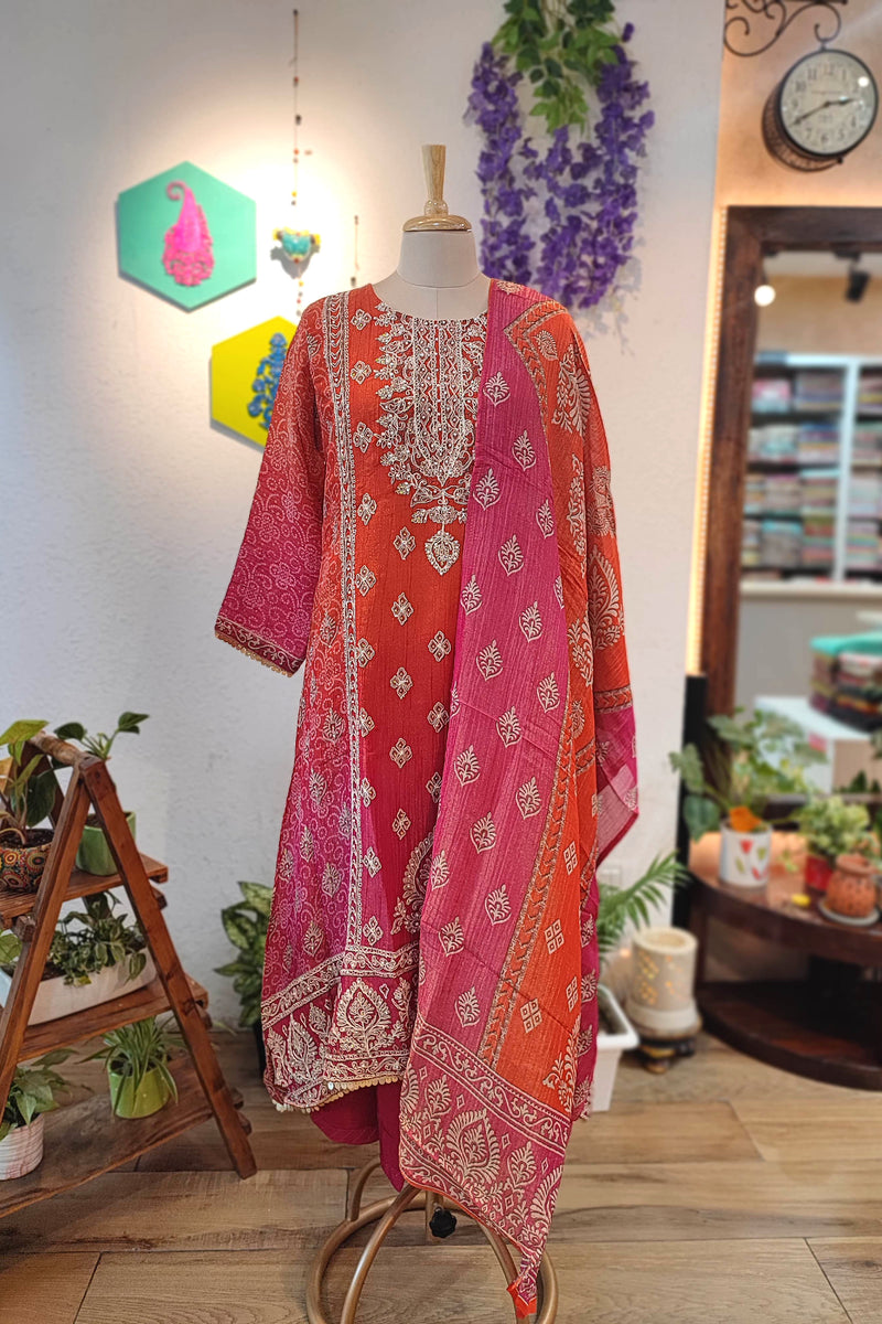 Orange-Pink Georgette Embroidered Suit with Dupatta – Shop Now