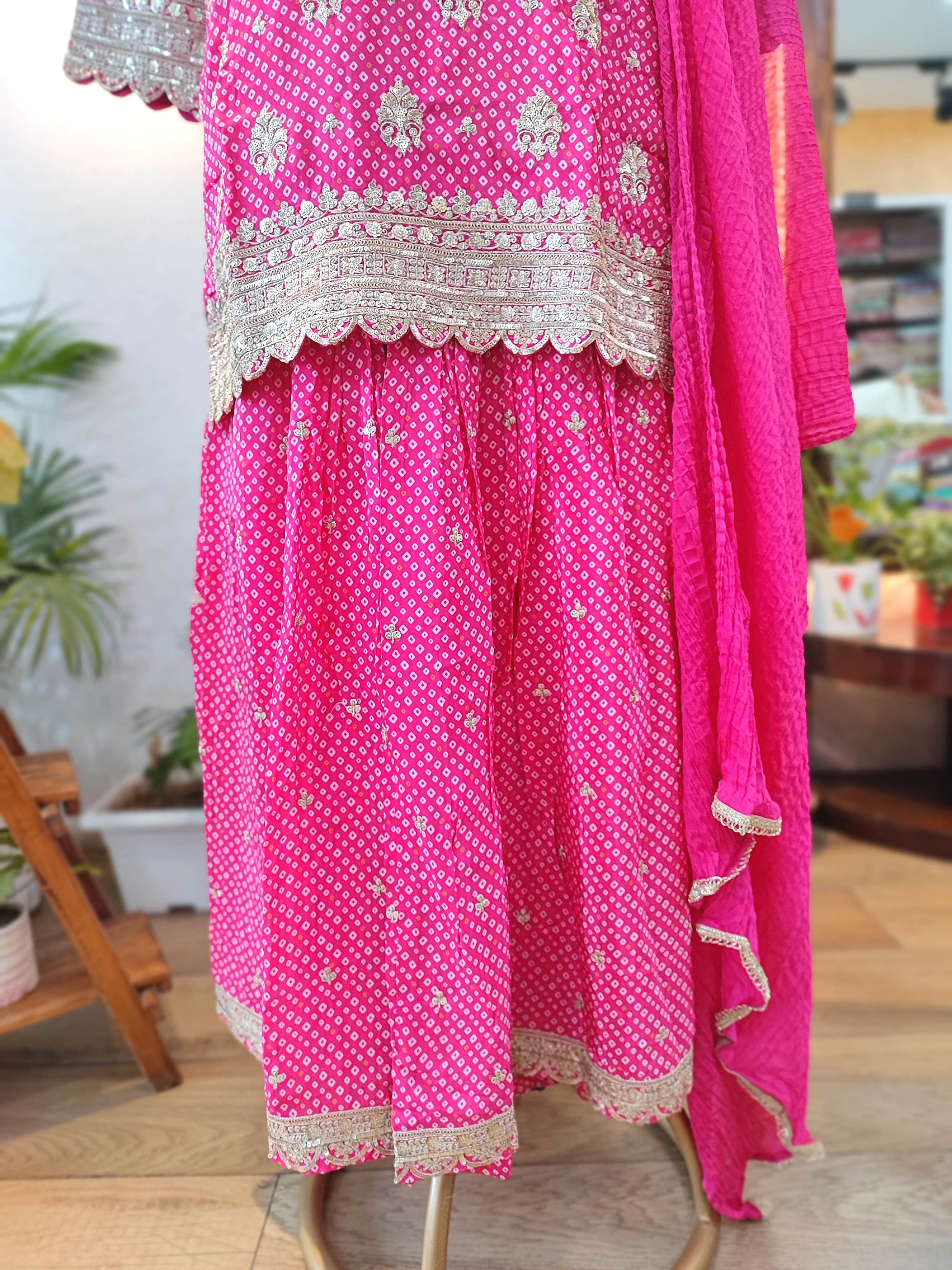 Rani Pink Short Kurta Sharara Set with Heavy Gota Patti Work 