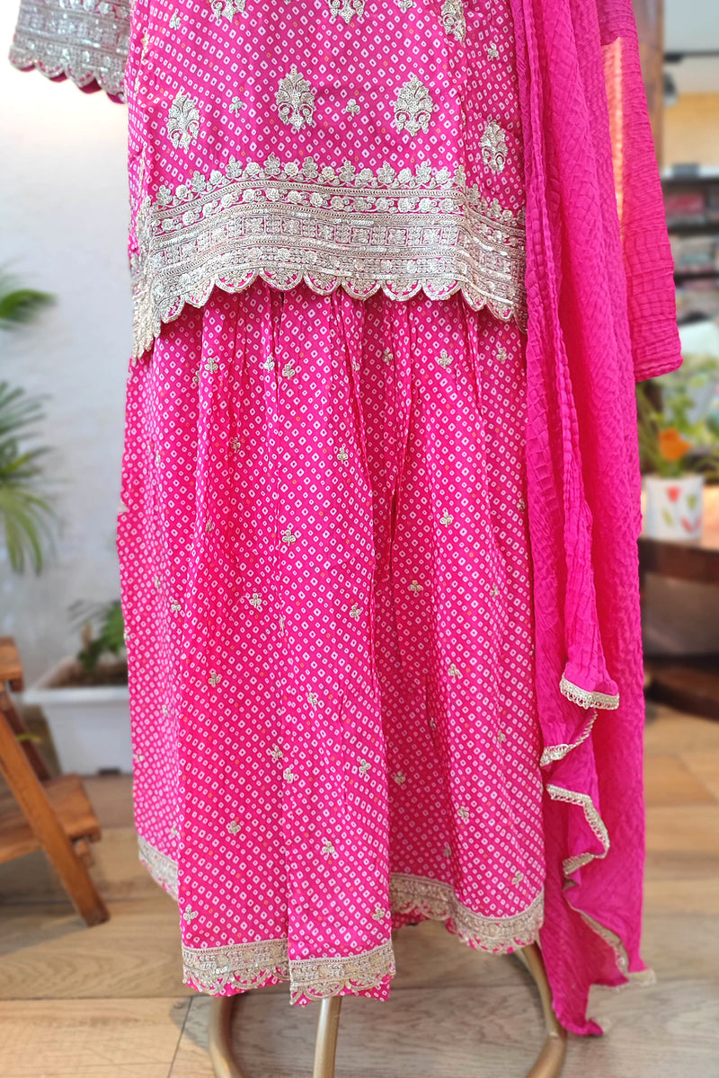 Rani Pink Short Kurta Sharara Set with Heavy Gota Patti Work 