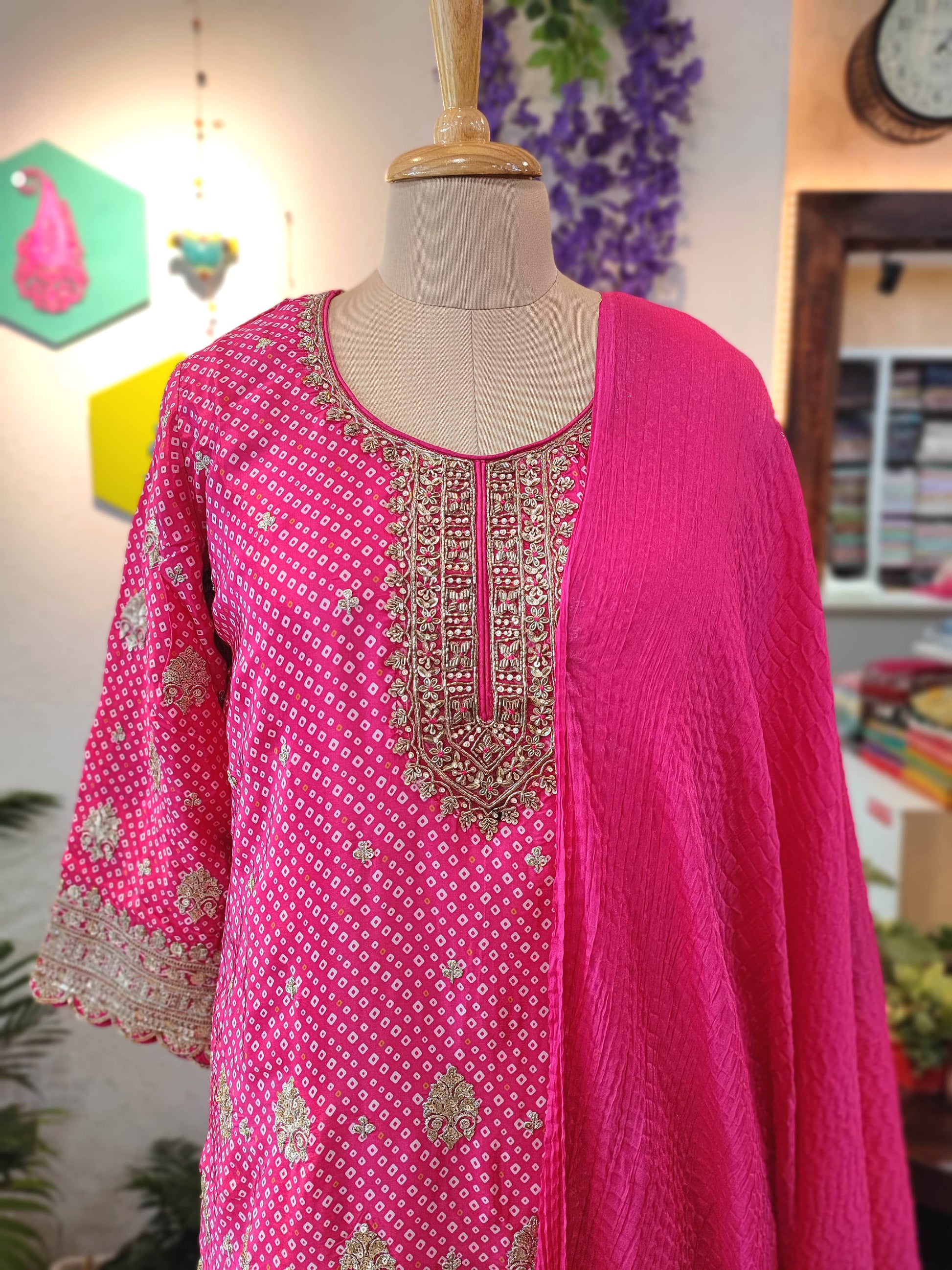 Rani Pink Short Kurta Sharara Set with Heavy Gota Patti Work 