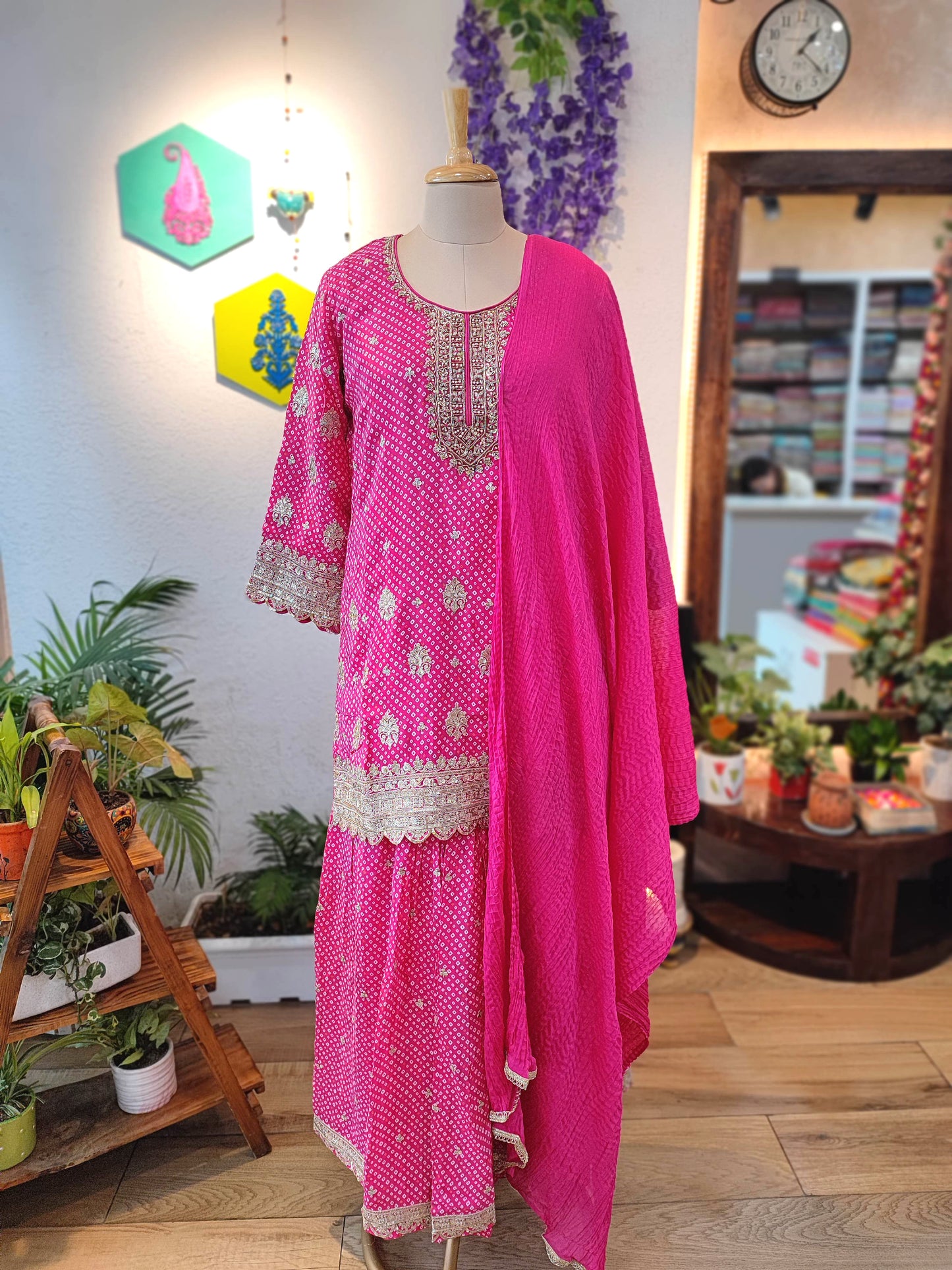 Rani Pink Short Kurta Sharara Set with Heavy Gota Patti Work 