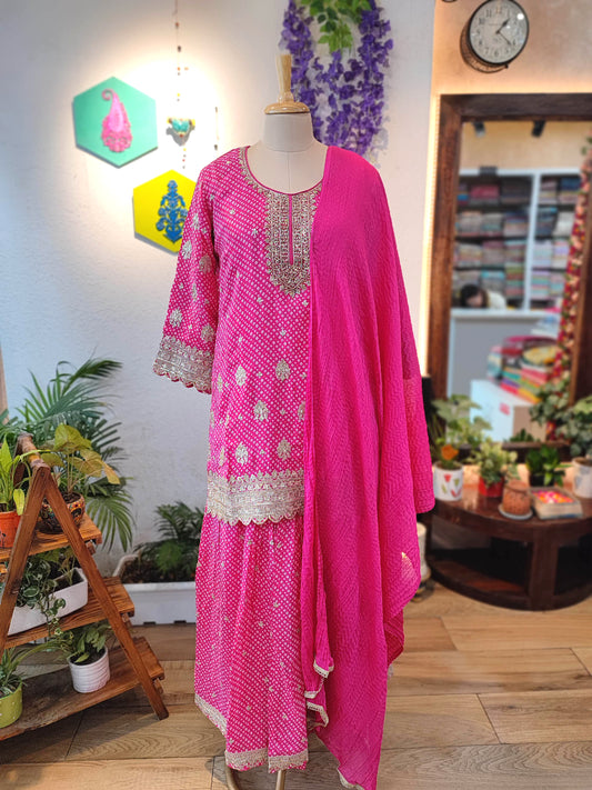 Rani Pink Short Kurta Sharara Set with Heavy Gota Patti Work 
