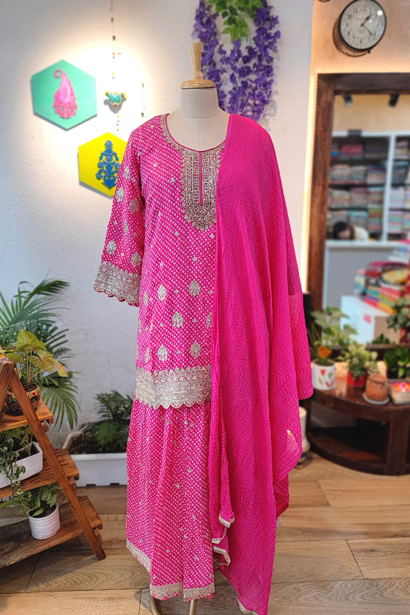 Rani Pink Short Kurta Sharara Set with Heavy Gota Patti Work 
