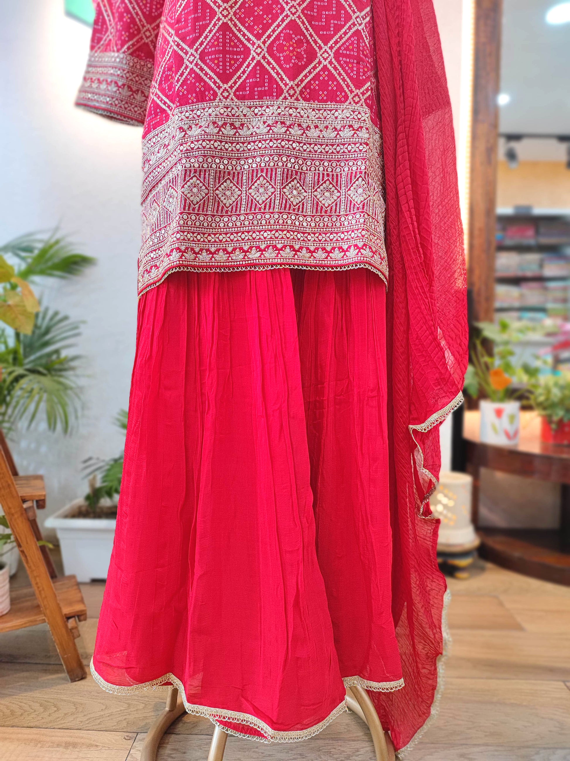 Deep Red Leheriya Short Kurta Sharara Set with Embroidery