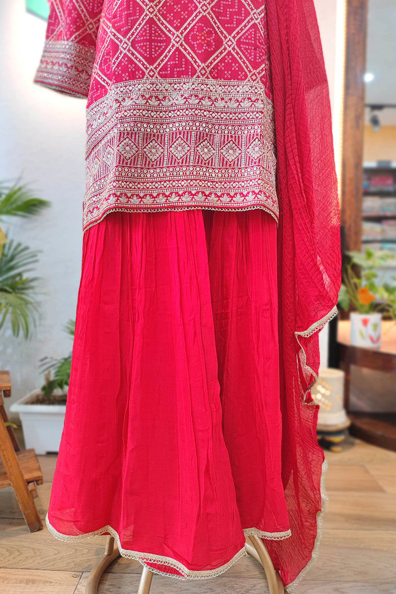 Deep Red Leheriya Short Kurta Sharara Set with Embroidery