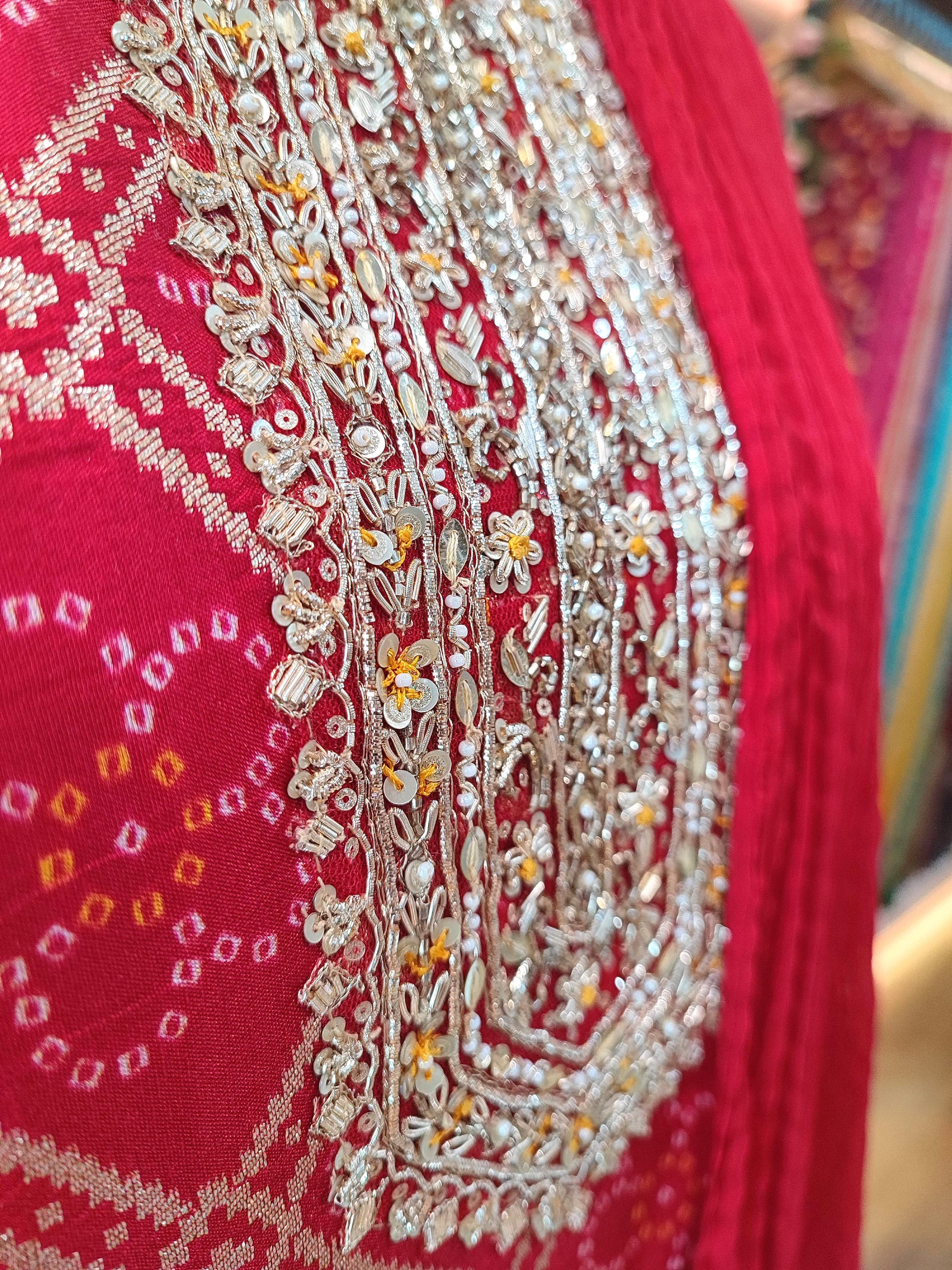 Deep Red Leheriya Short Kurta Sharara Set with Embroidery