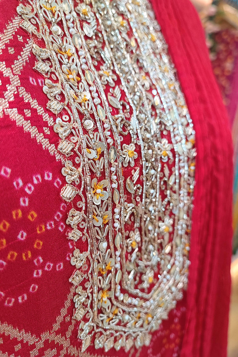 Deep Red Leheriya Short Kurta Sharara Set with Embroidery