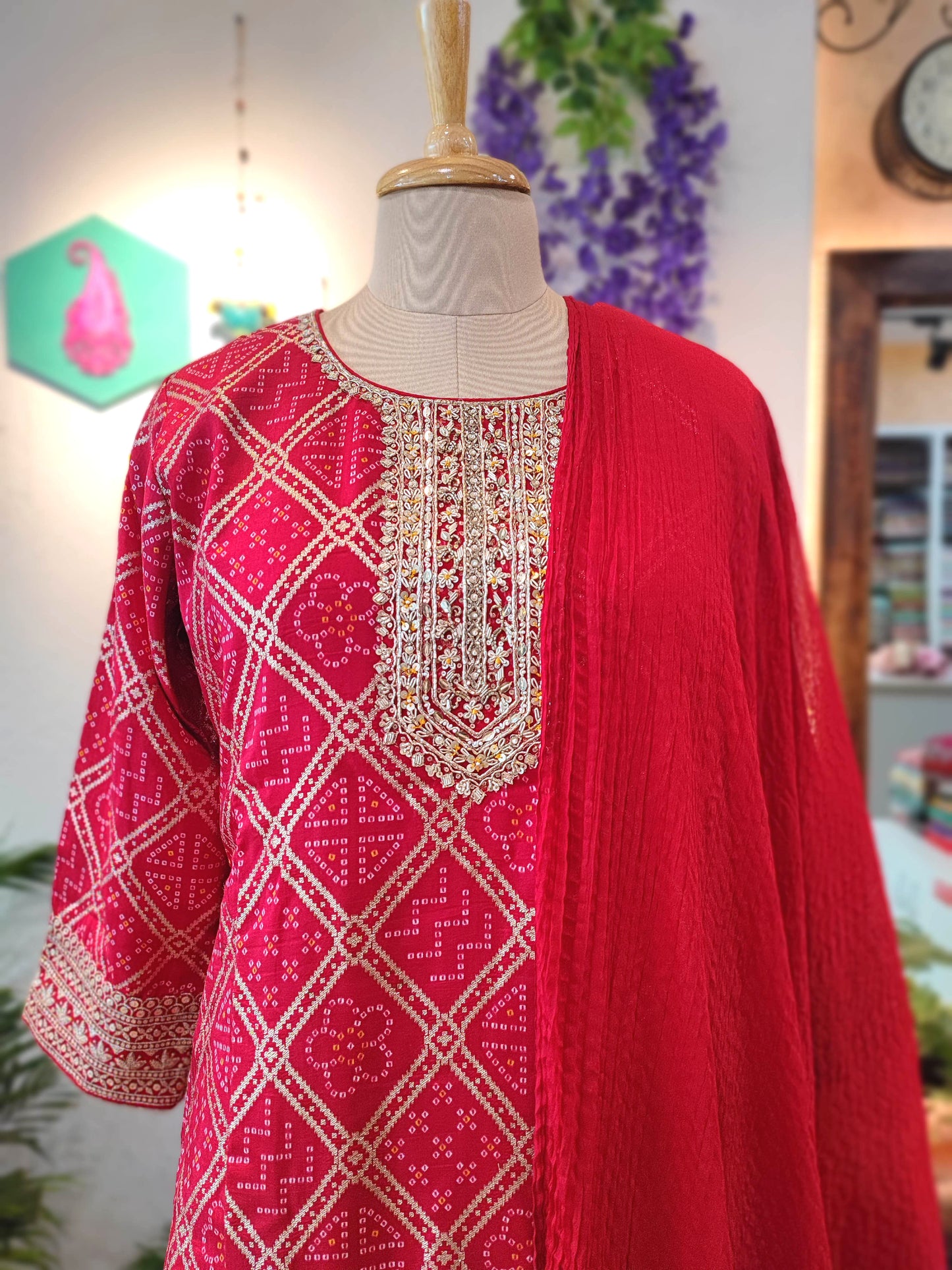 Deep Red Leheriya Short Kurta Sharara Set with Embroidery