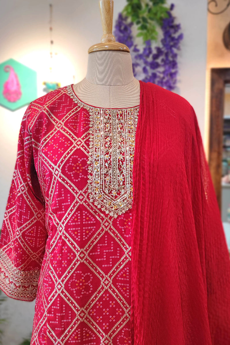 Deep Red Leheriya Short Kurta Sharara Set with Embroidery