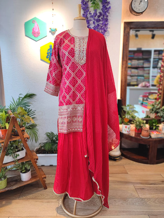 Deep Red Leheriya Short Kurta Sharara Set with Embroidery