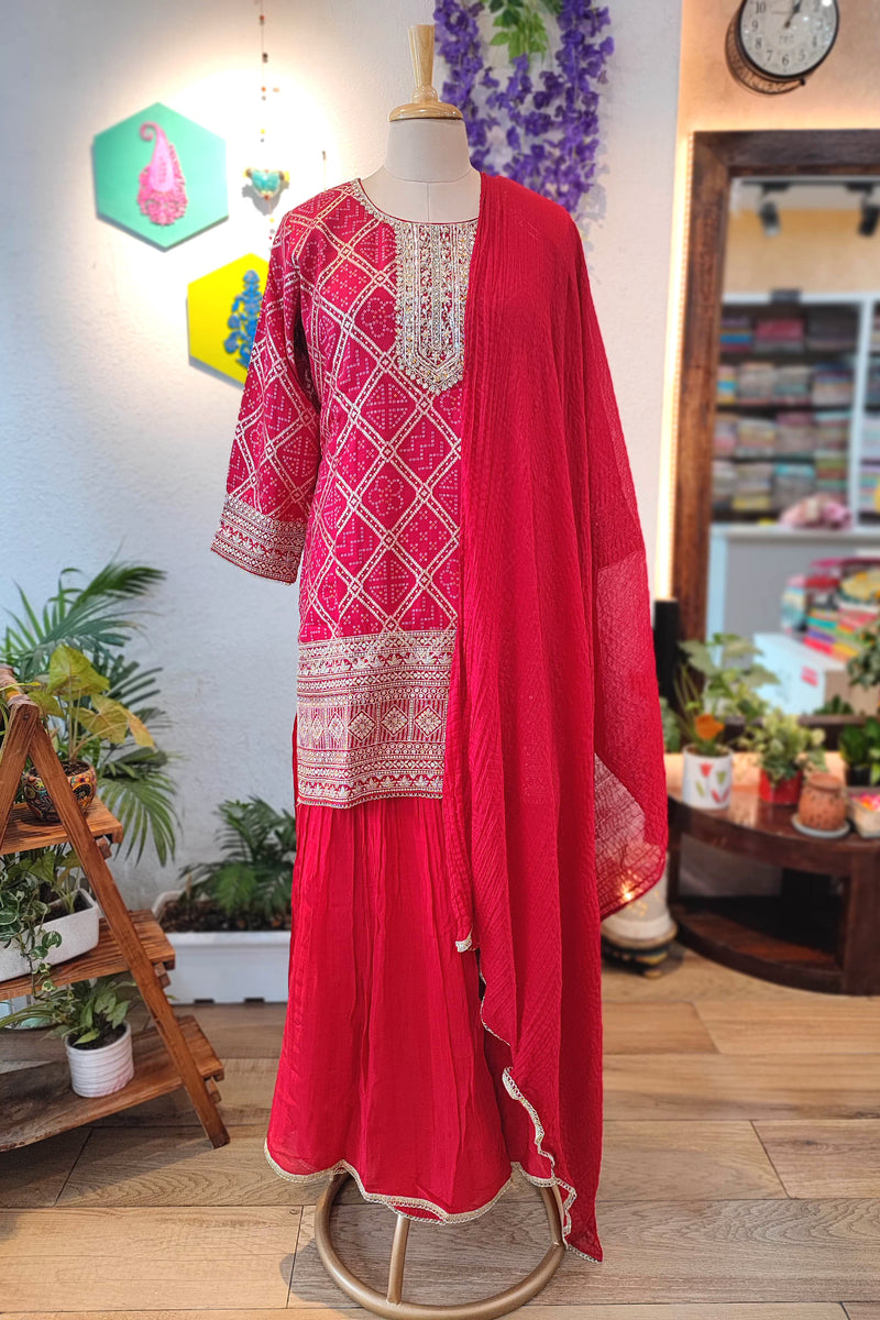 Deep Red Leheriya Short Kurta Sharara Set with Embroidery