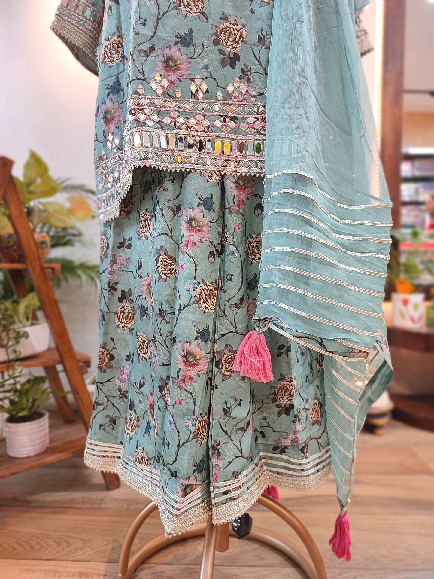 Teal Green Readymade Sharara Suit with Muslin Kurta & Chiffon Dupatta