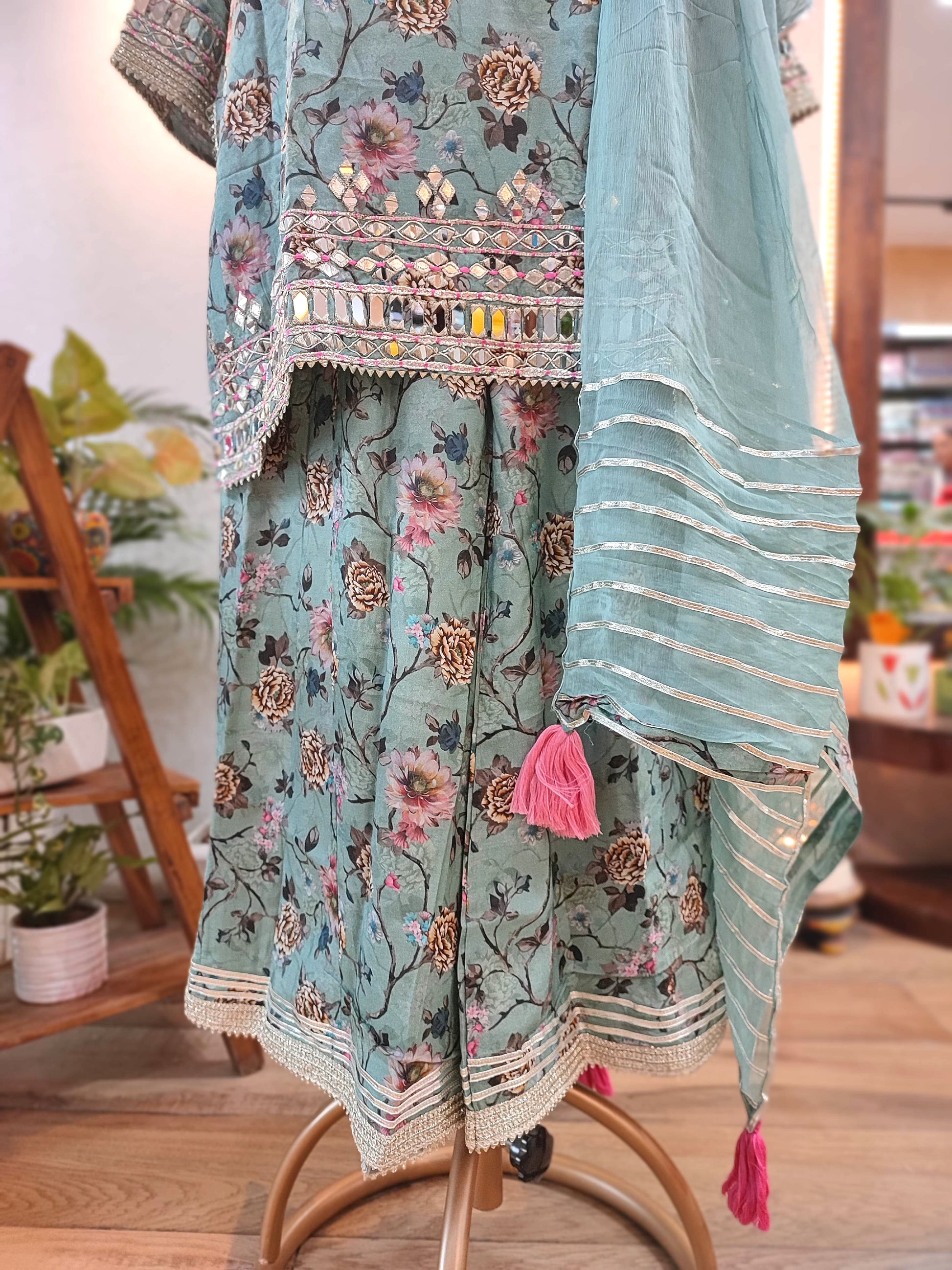 Teal Green Readymade Sharara Suit with Muslin Kurta & Chiffon Dupatta