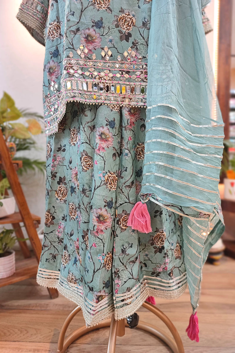 Teal Green Readymade Sharara Suit with Muslin Kurta & Chiffon Dupatta