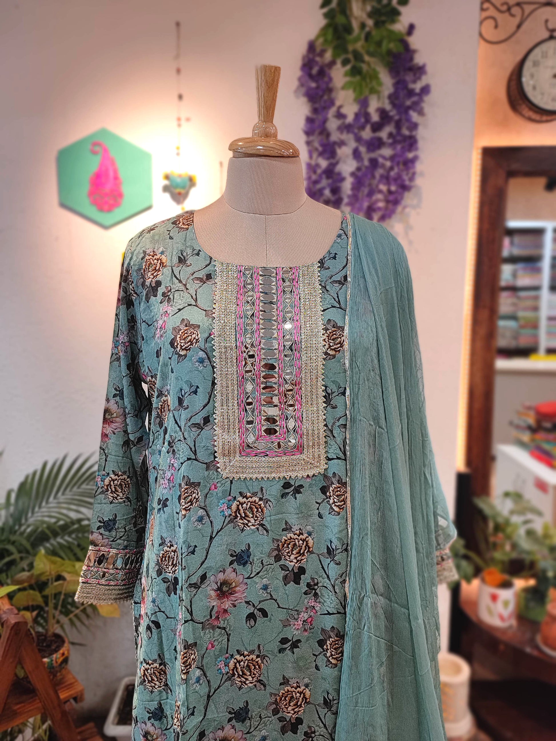Teal Green Readymade Sharara Suit with Muslin Kurta & Chiffon Dupatta