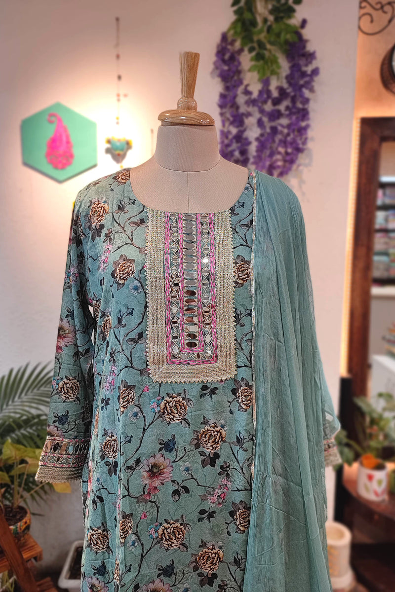 Teal Green Readymade Sharara Suit with Muslin Kurta & Chiffon Dupatta