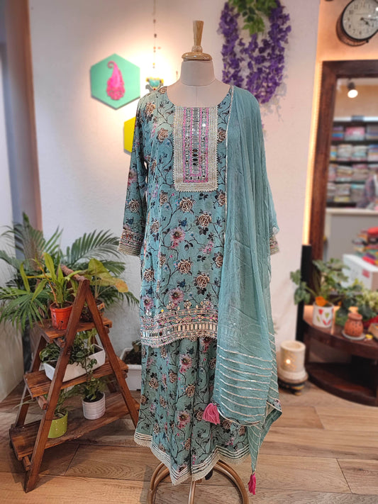 Teal Green Readymade Sharara Suit with Muslin Kurta & Chiffon Dupatta