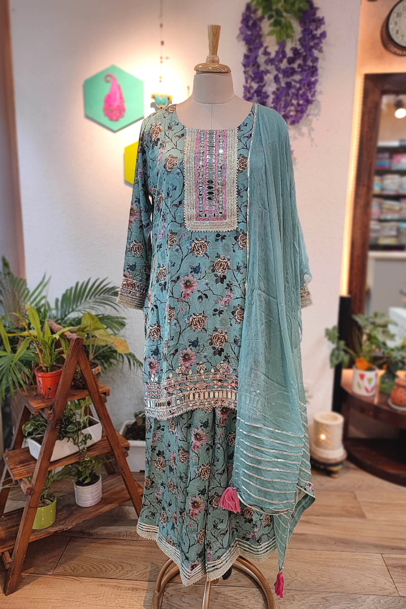 Teal Green Readymade Sharara Suit with Muslin Kurta & Chiffon Dupatta