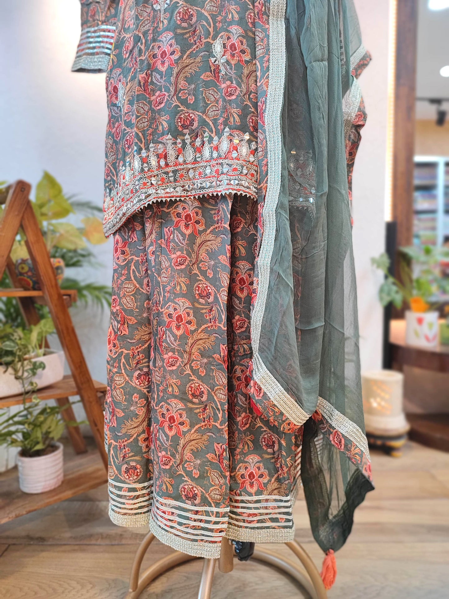 Designer Muslin Short Kurta Sharara Set with Chiffon Dupatta