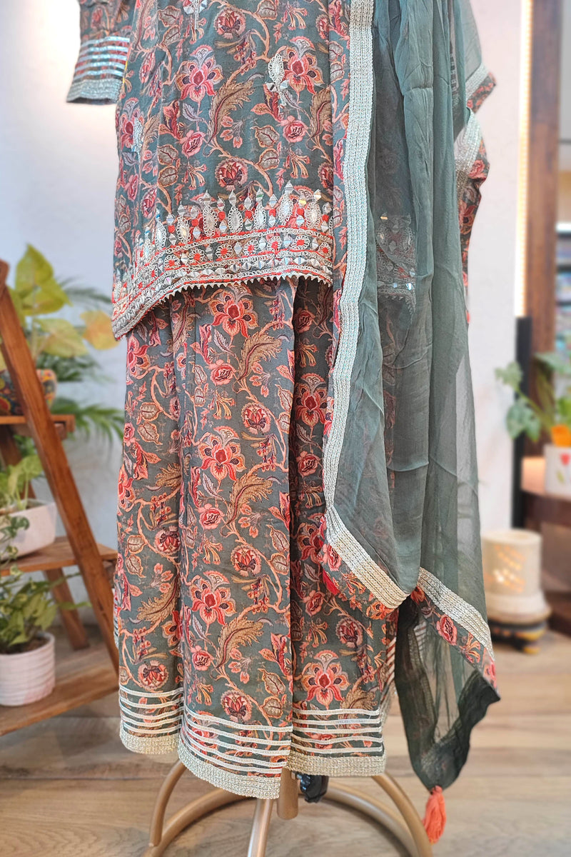 Designer Muslin Short Kurta Sharara Set with Chiffon Dupatta