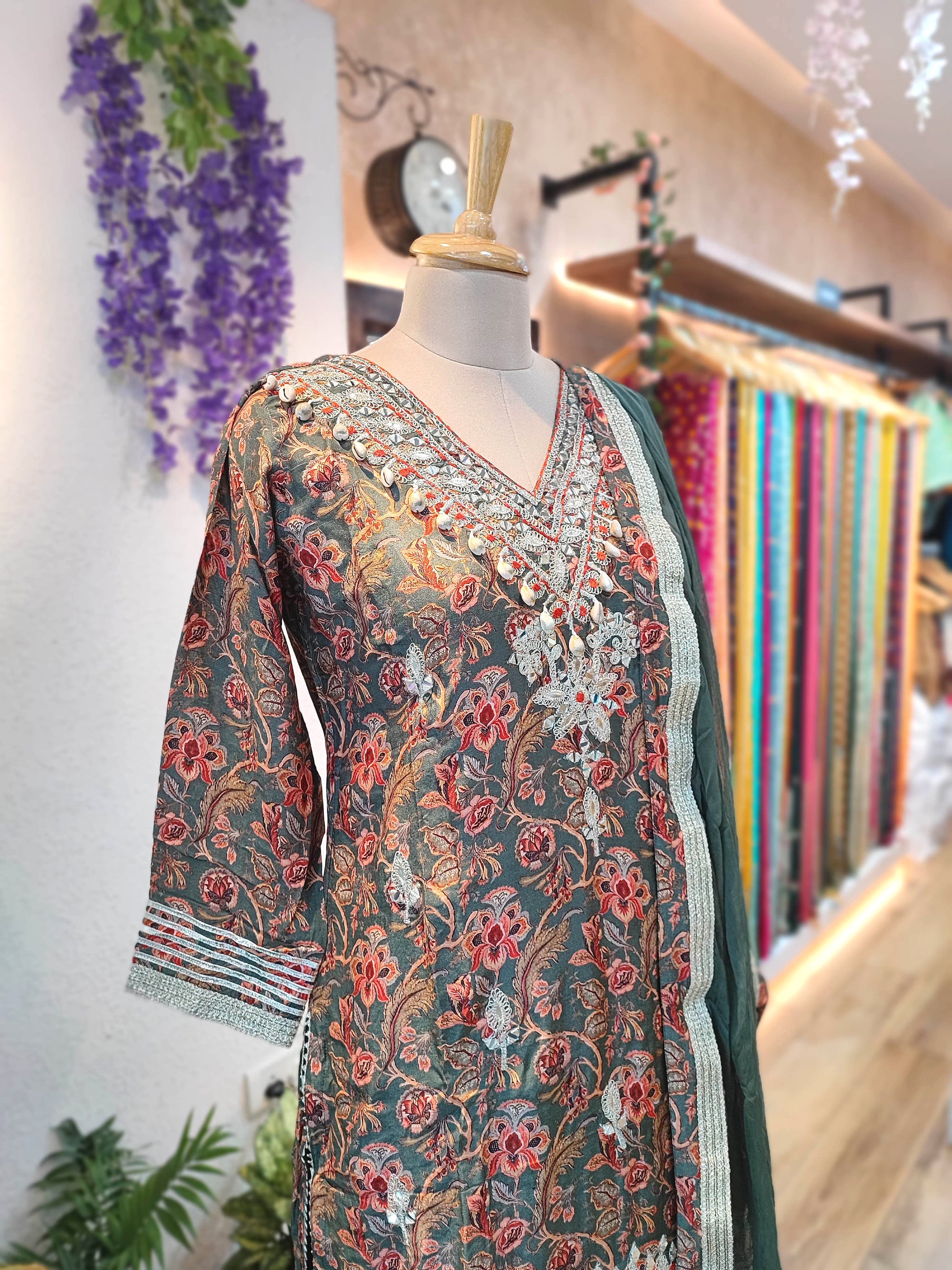 Designer Muslin Short Kurta Sharara Set with Chiffon Dupatta