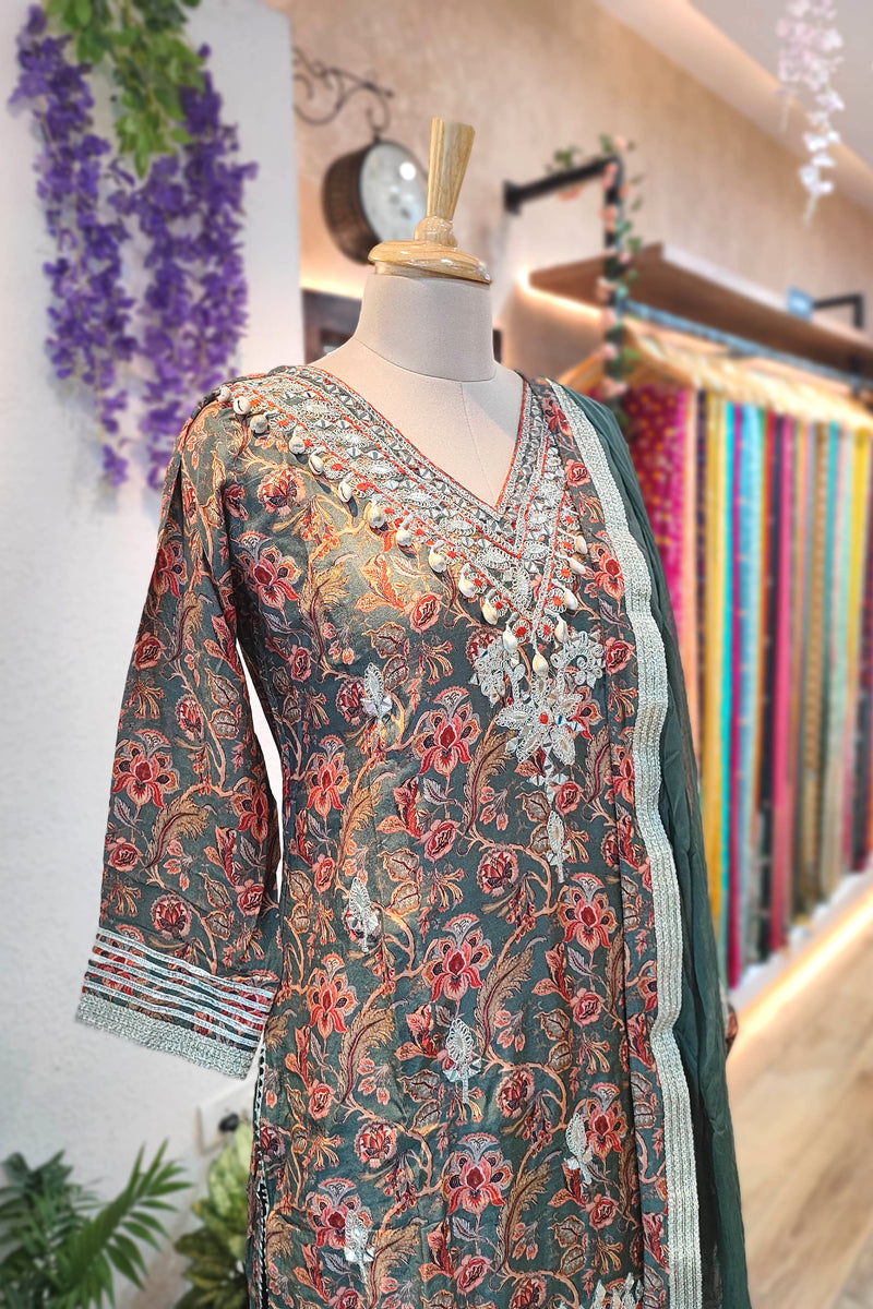 Designer Muslin Short Kurta Sharara Set with Chiffon Dupatta