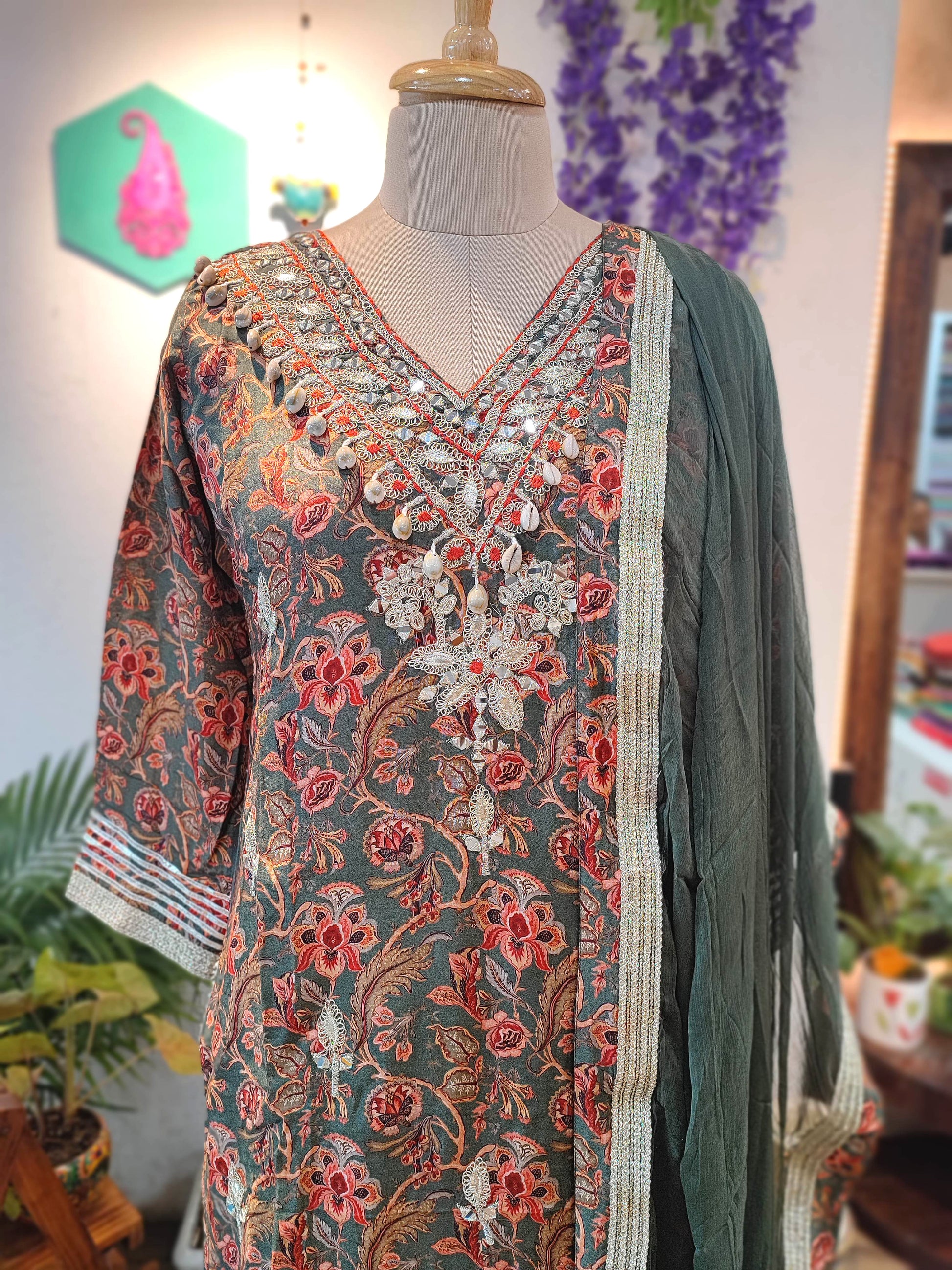 Designer Muslin Short Kurta Sharara Set with Chiffon Dupatta