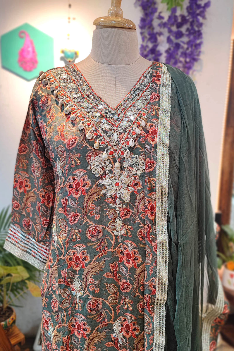 Designer Muslin Short Kurta Sharara Set with Chiffon Dupatta