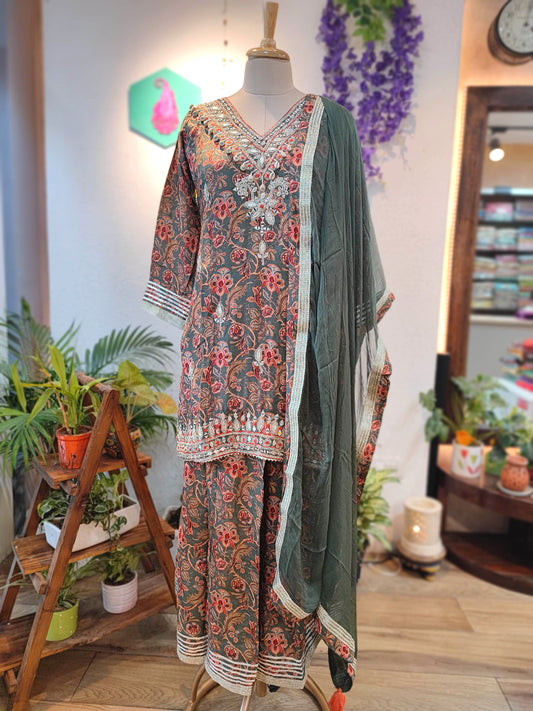 Designer Muslin Short Kurta Sharara Set with Chiffon Dupatta