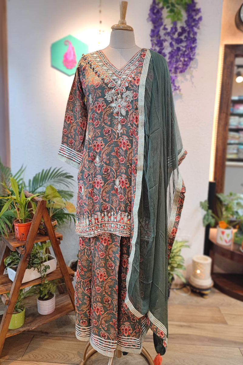 Designer Muslin Short Kurta Sharara Set with Chiffon Dupatta