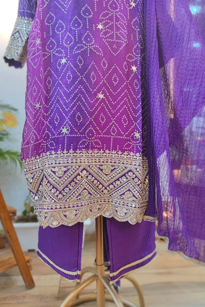 Bandhani Print Soft Crepe Kurta with Gota Patti Work, Georgette Dupatta & Shantoon Bottom