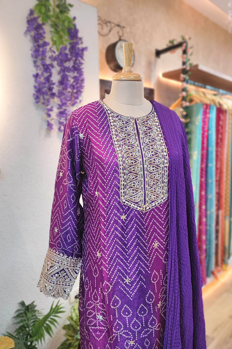 Bandhani Print Soft Crepe Kurta with Gota Patti Work, Georgette Dupatta & Shantoon Bottom