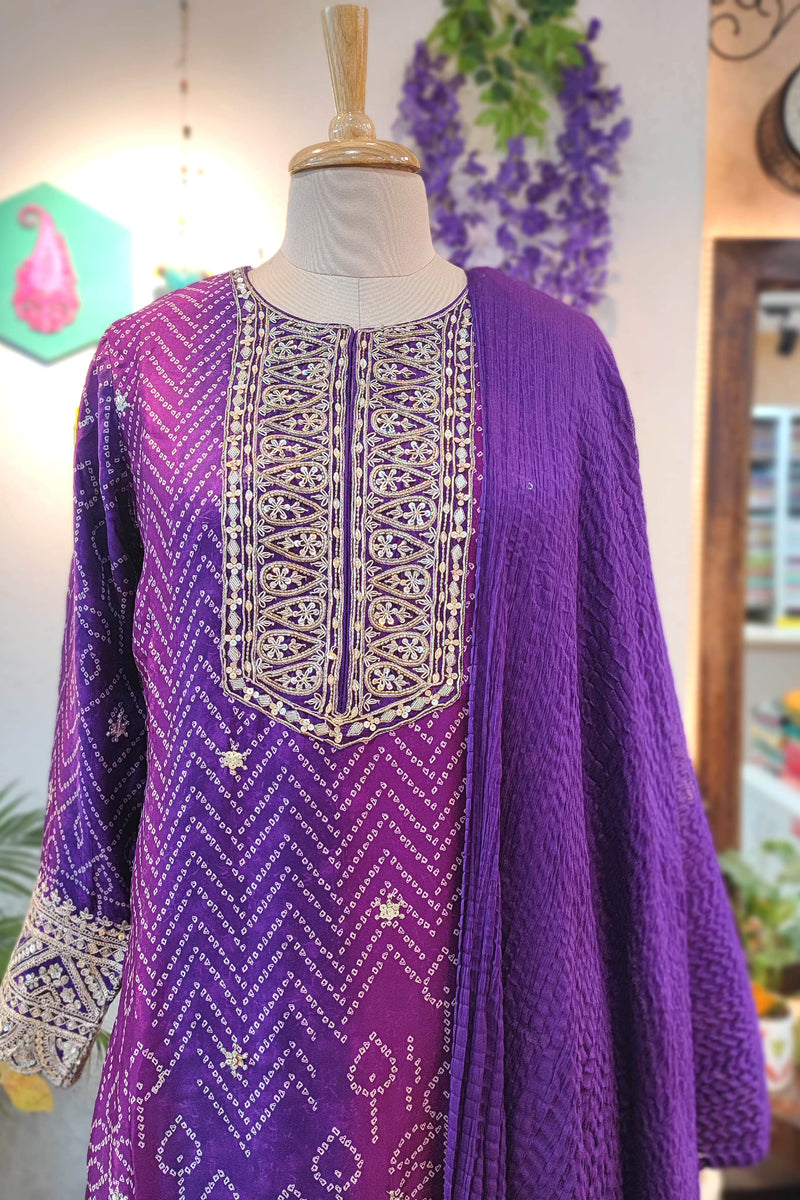 Bandhani Print Soft Crepe Kurta with Gota Patti Work, Georgette Dupatta & Shantoon Bottom