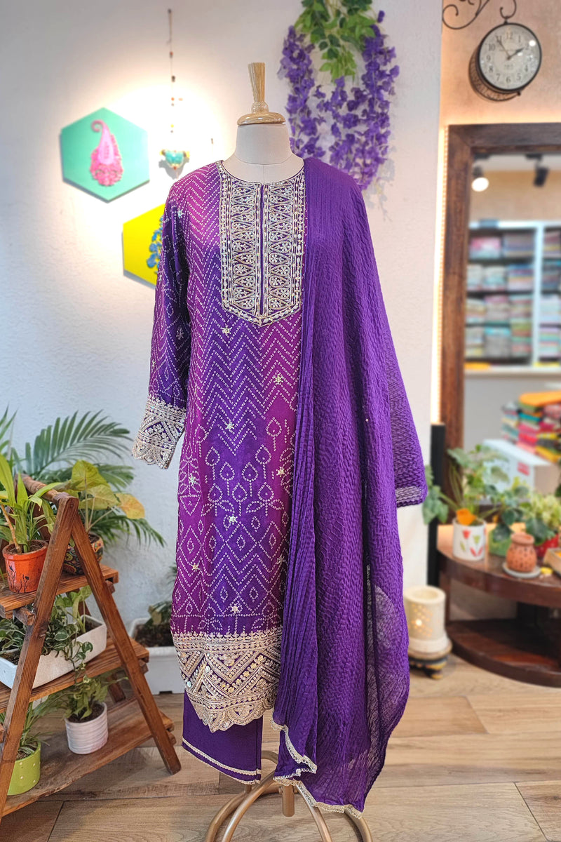 Bandhani Print Soft Crepe Kurta with Gota Patti Work, Georgette Dupatta & Shantoon Bottom