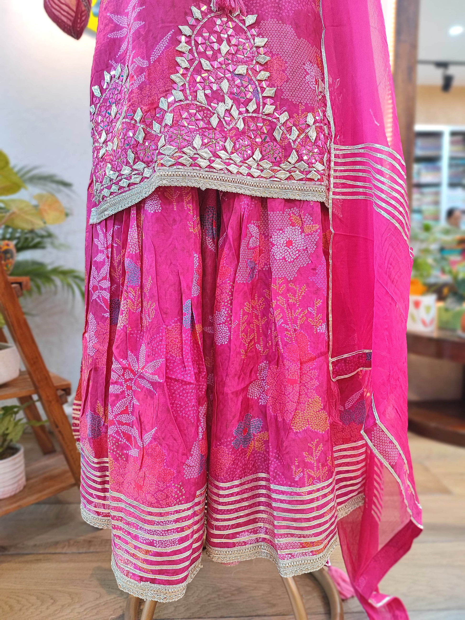 Hot Pink Muslin Short Kurta Sharara Set with Chiffon Dupatta 
