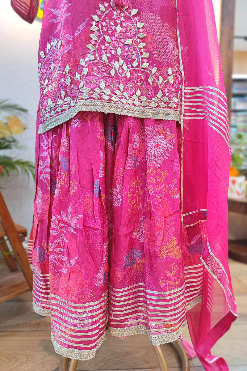 Hot Pink Muslin Short Kurta Sharara Set with Chiffon Dupatta 