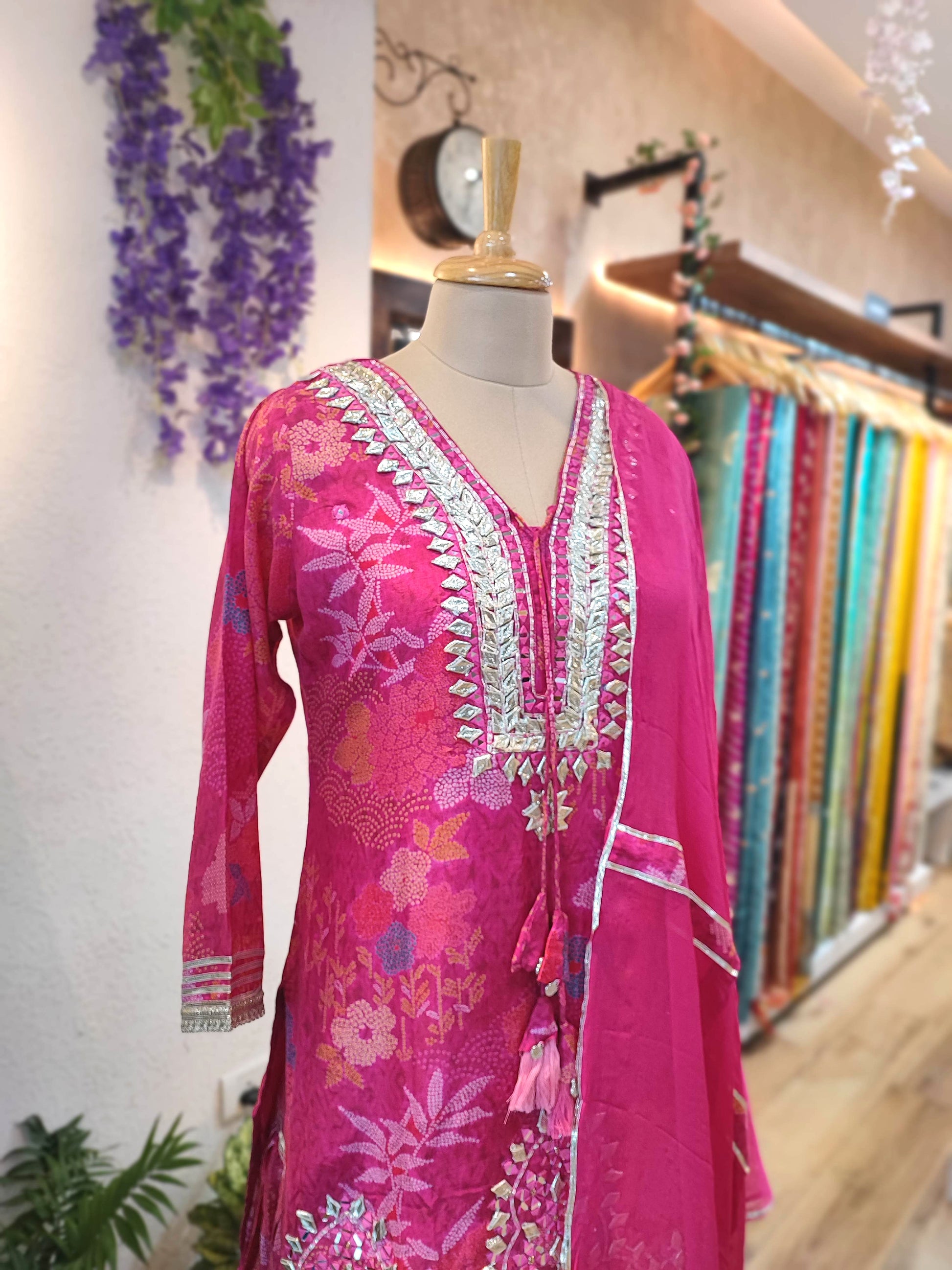 Hot Pink Muslin Short Kurta Sharara Set with Chiffon Dupatta 