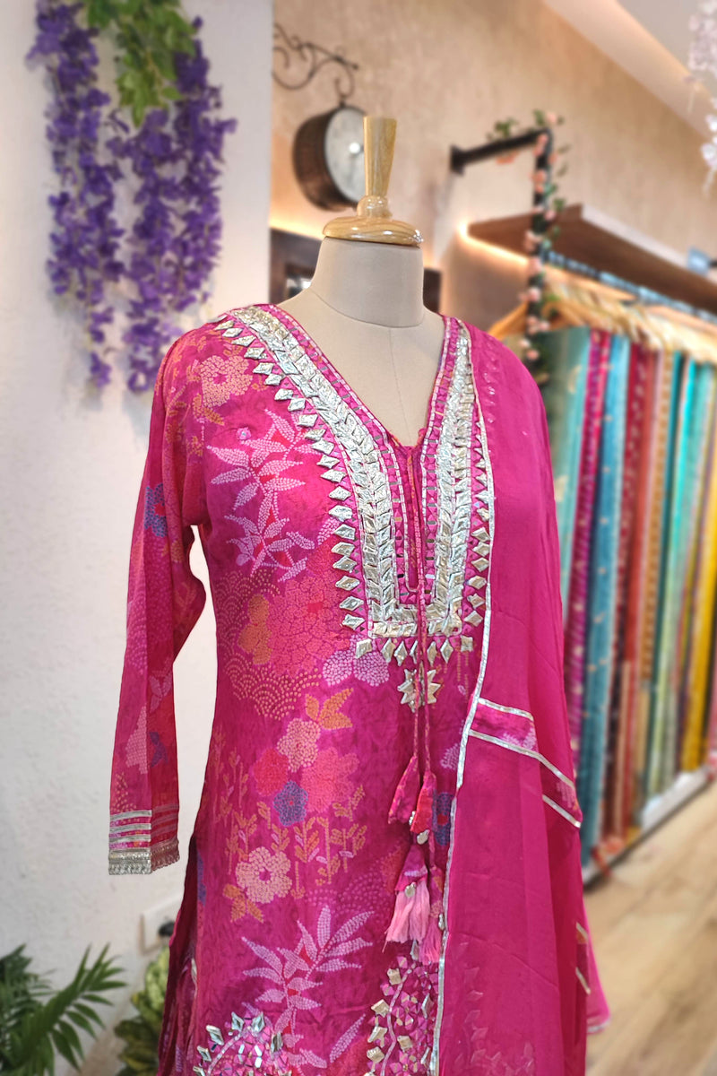 Hot Pink Muslin Short Kurta Sharara Set with Chiffon Dupatta 