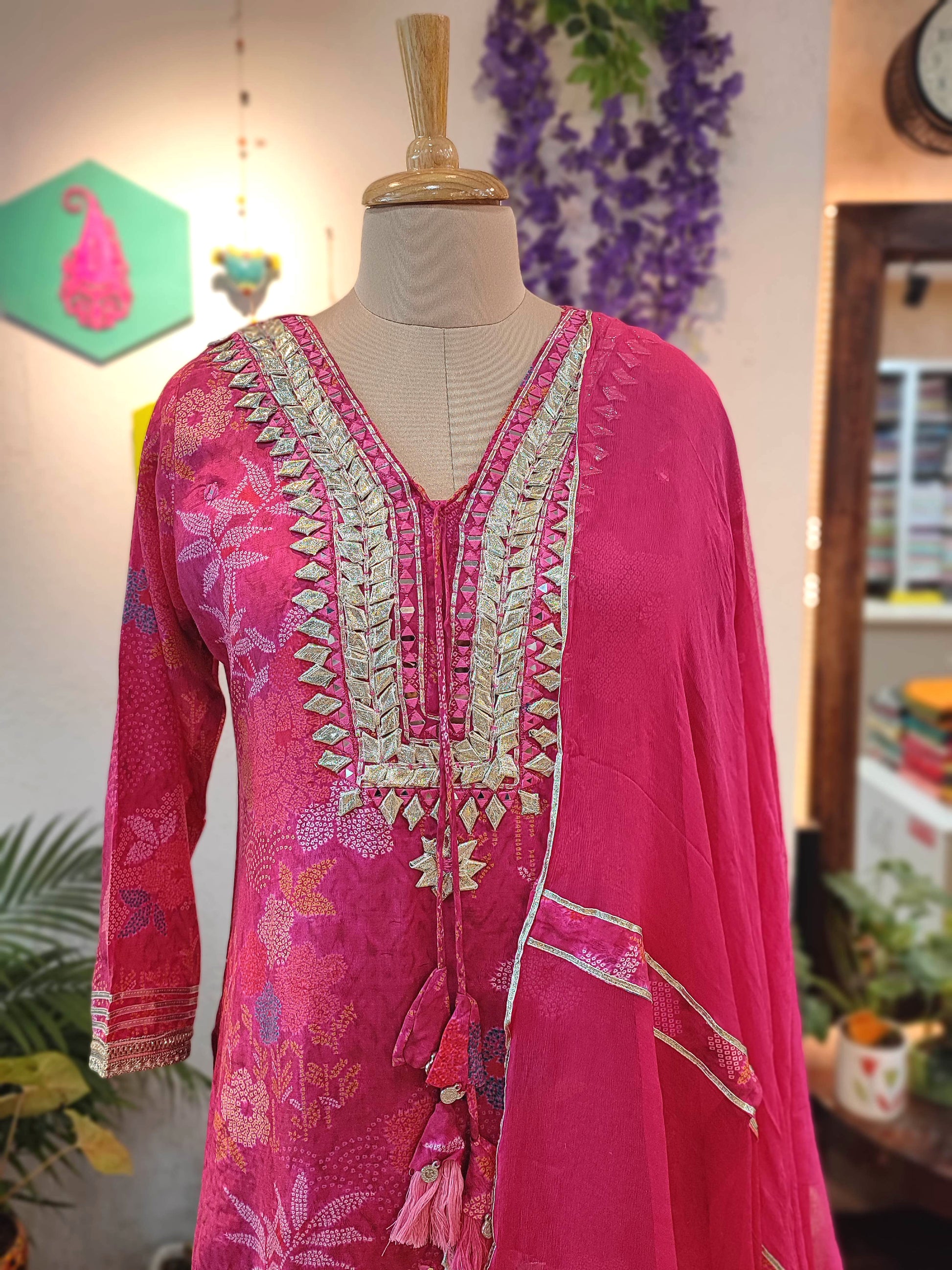 Hot Pink Muslin Short Kurta Sharara Set with Chiffon Dupatta 
