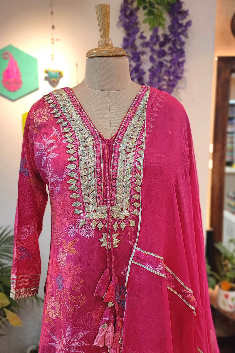 Hot Pink Muslin Short Kurta Sharara Set with Chiffon Dupatta 