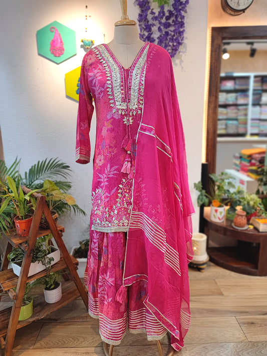 Hot Pink Muslin Short Kurta Sharara Set with Chiffon Dupatta 