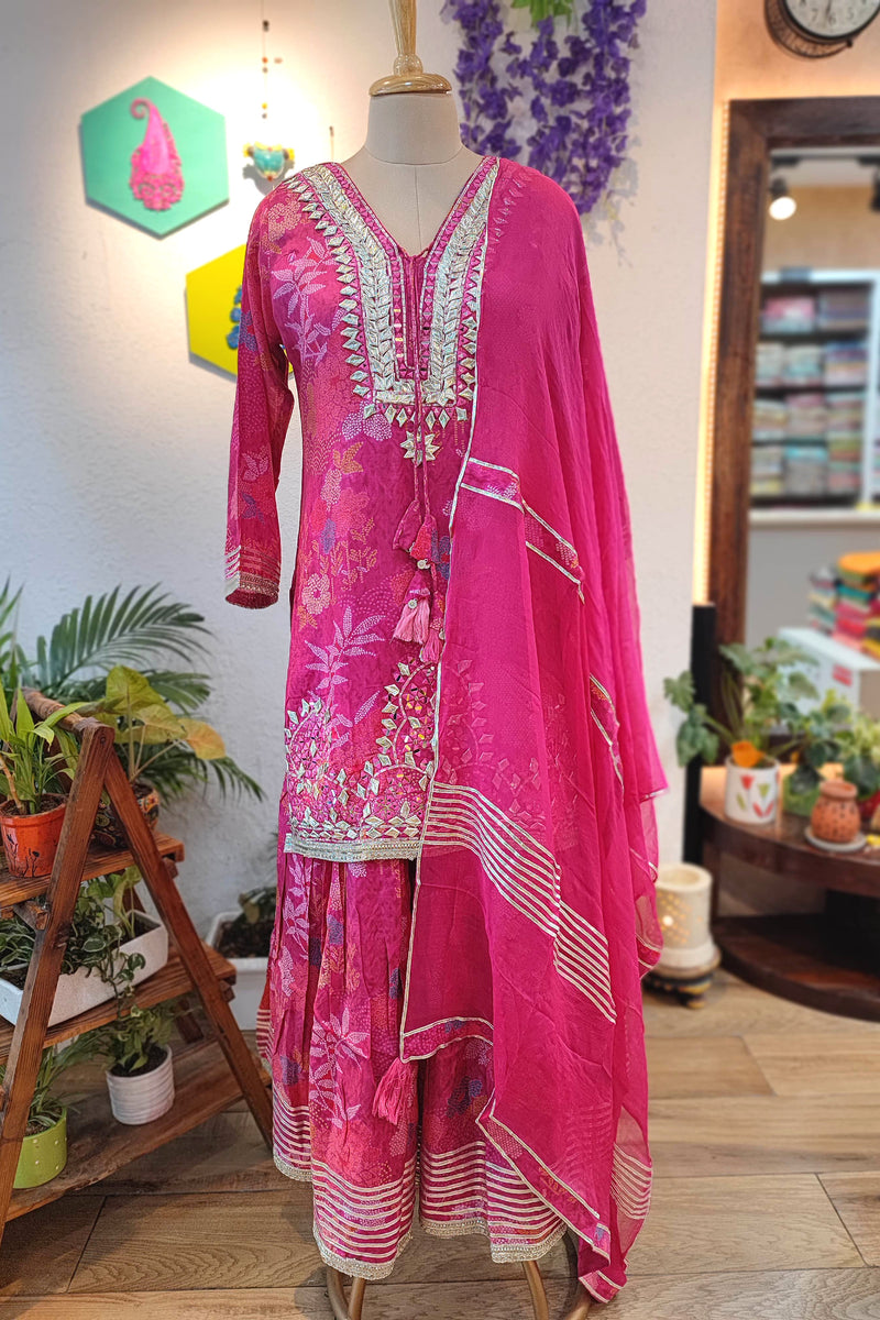 Hot Pink Muslin Short Kurta Sharara Set with Chiffon Dupatta 