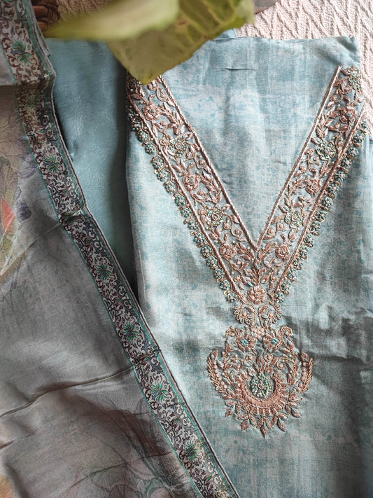 Sea Green Unstitched Suit – Georgette Shimmer Hand Embroidery | Shop Now
