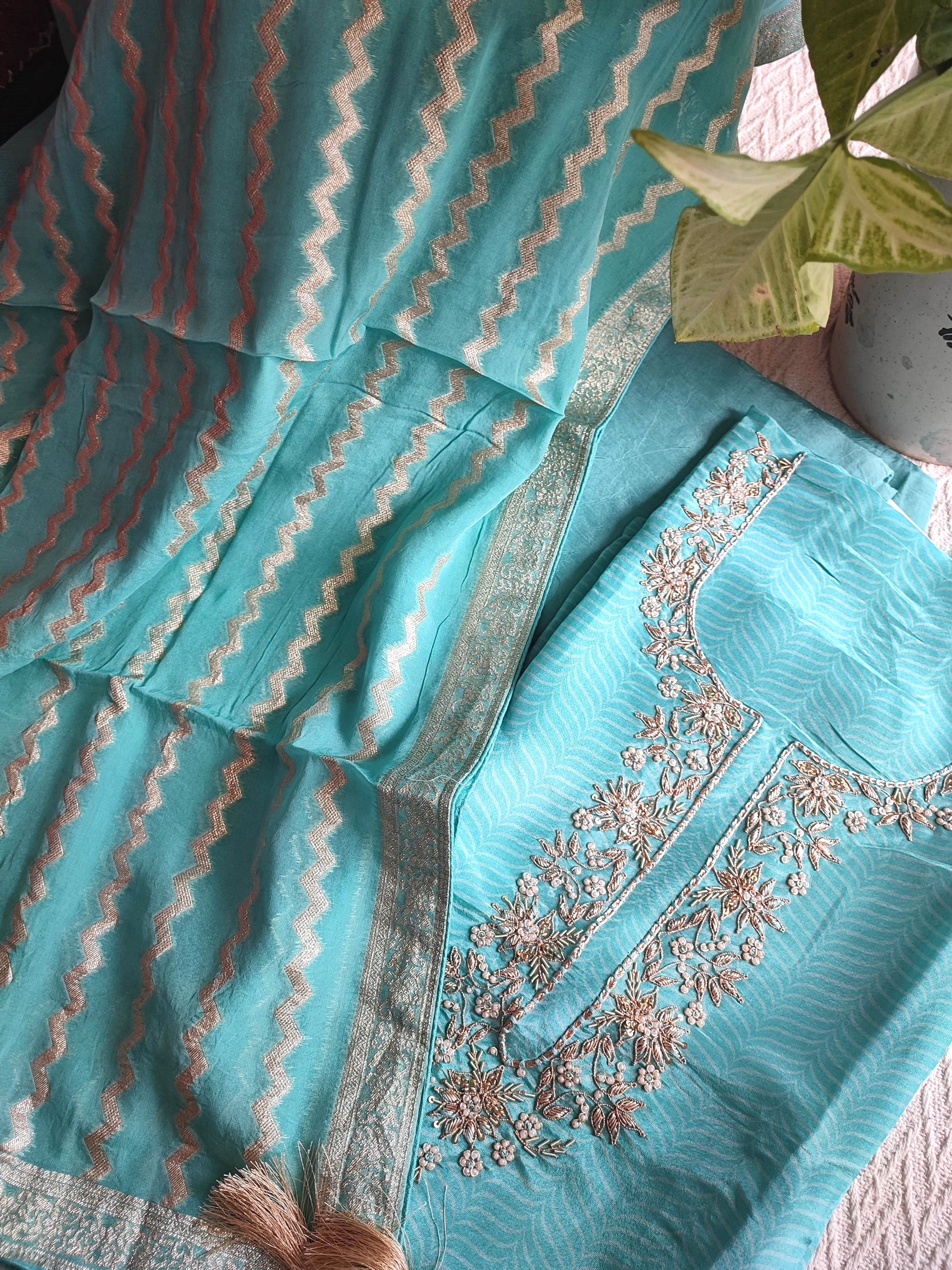 Blue Unstitched Suit Material – Georgette Shimmer with Embroidery | Shop