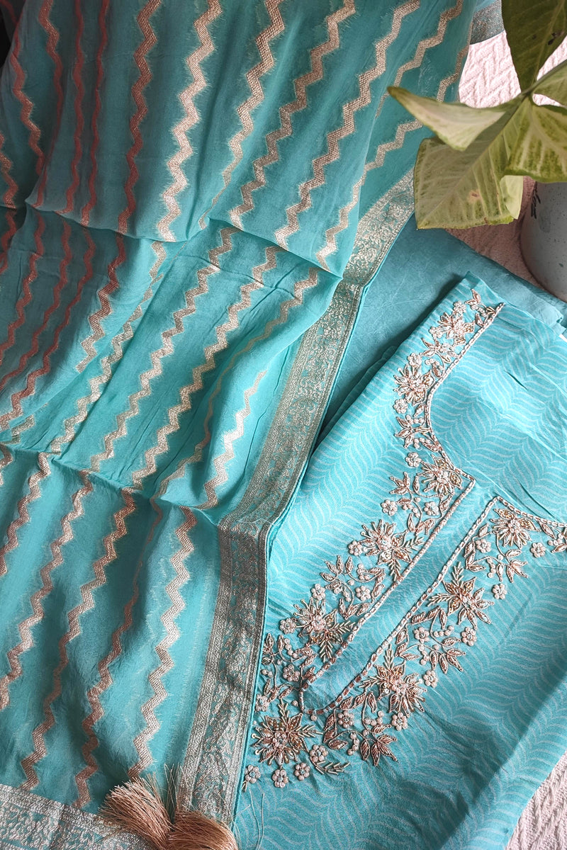 Blue Unstitched Suit Material – Georgette Shimmer with Embroidery | Shop