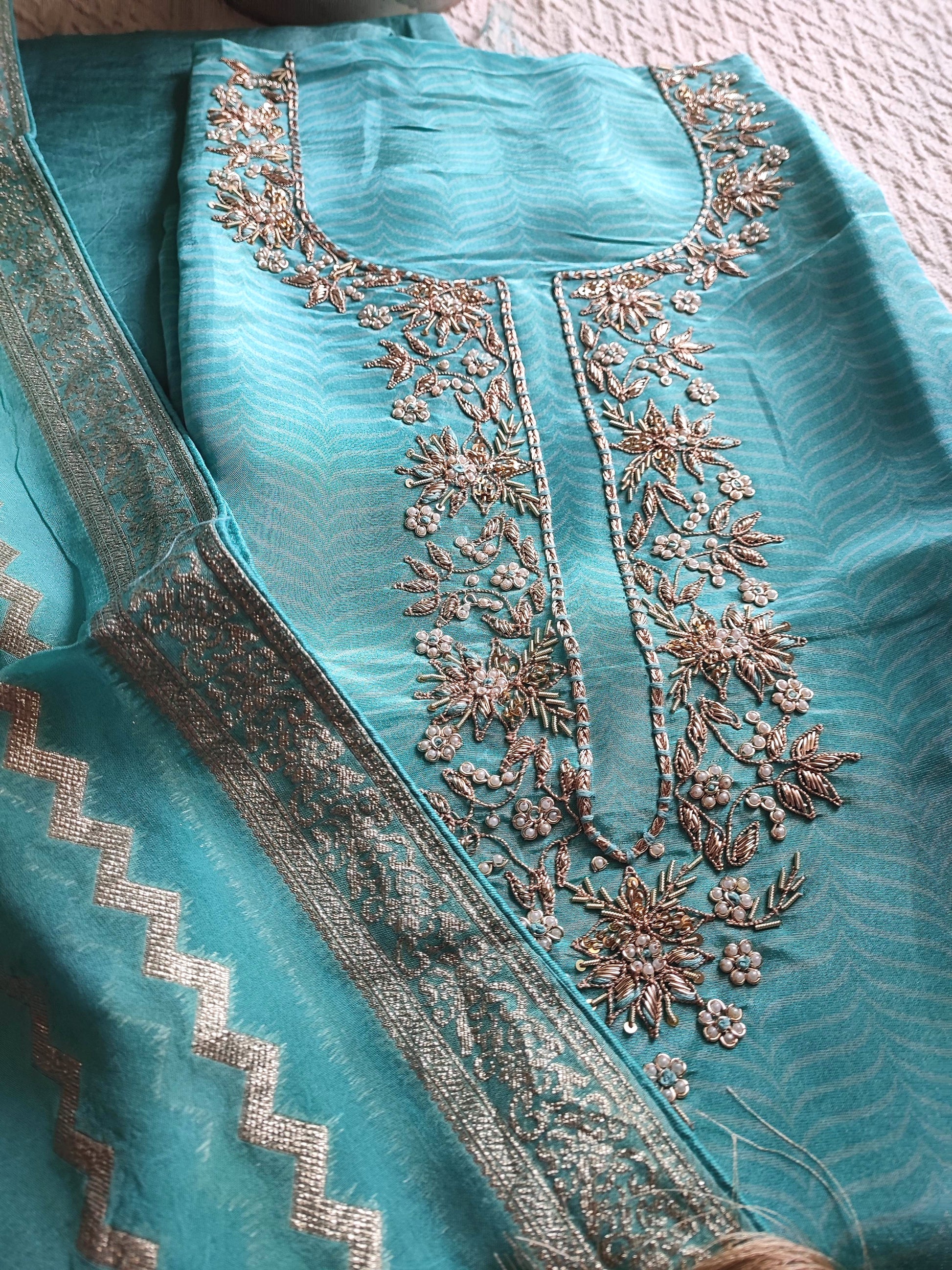 Blue Unstitched Suit Material – Georgette Shimmer with Embroidery | Shop